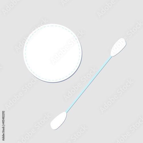 Cotton items for hygiene - cotton pad and ear stick. Cotton sponge for cleaning the face, cotton swab for cleaning the ears. Hygiene products, disinfection, cleanliness of the skin, isolated elements.