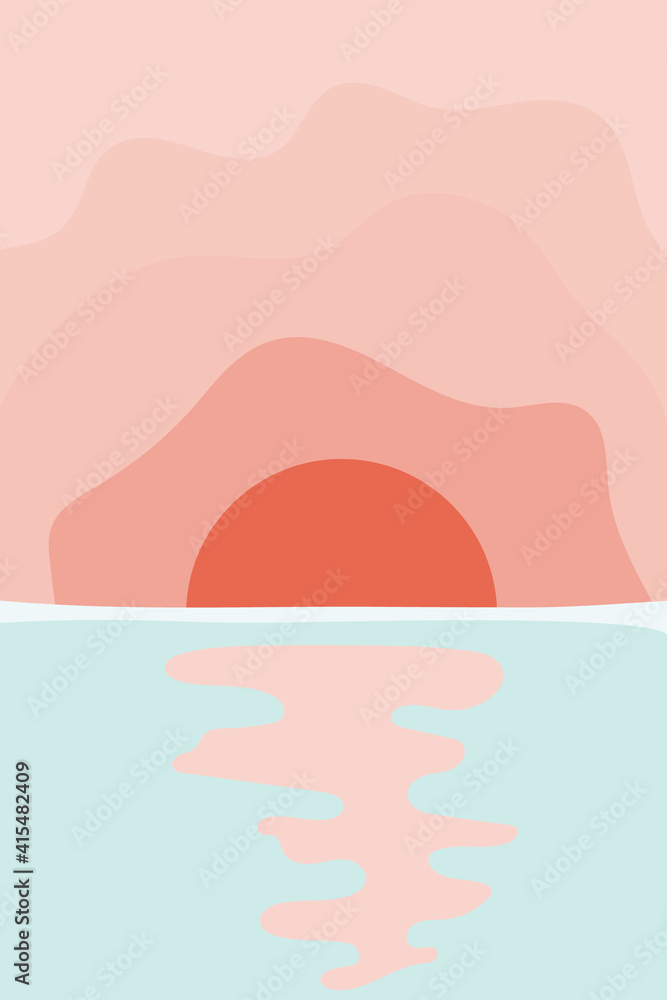 Landscape poster in minimalist style, with a sunrise over the sea, ocean or river, lake. Nature banner in flat boho style. Vector image of abstract art, landscape background of sunset over water.