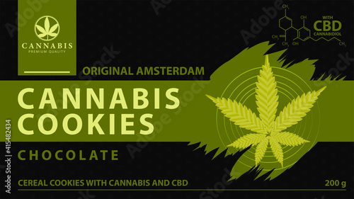 Cannabis cookies, black and green cover for cannabis store with digital marijuana leaf in low poly style.