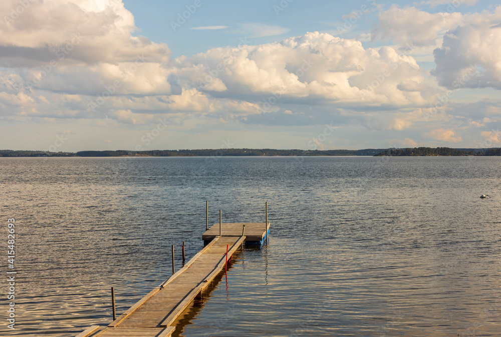Beautiful summer nature landscape view. View from Baltic sea coast line on wooden bridge. Sweden.