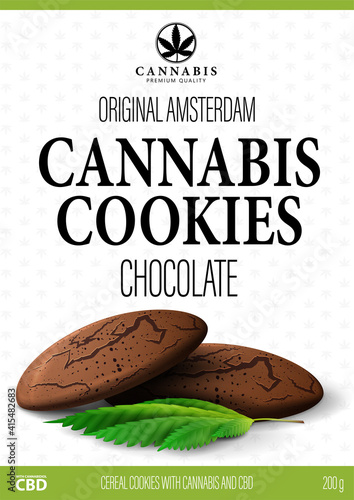 White package design with cannabis chocolate cookies and marijuana leafs in volumetric style. White cover design for cannabis products in minimalistic style