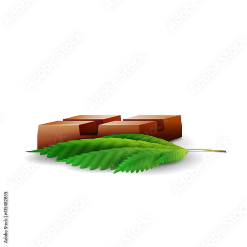 Chocolate bar with leaf of cannabis in volumetric cartoon style isolated on white background. Chocolate bar with CBD