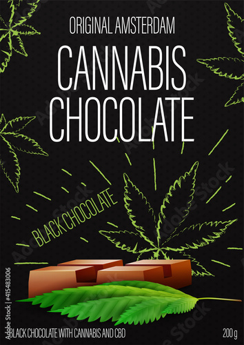 Cannabis chocolate, black package design with cannabis chocolate bar and marijuana leafs in doodle style on background. Black cover design for cannabis products