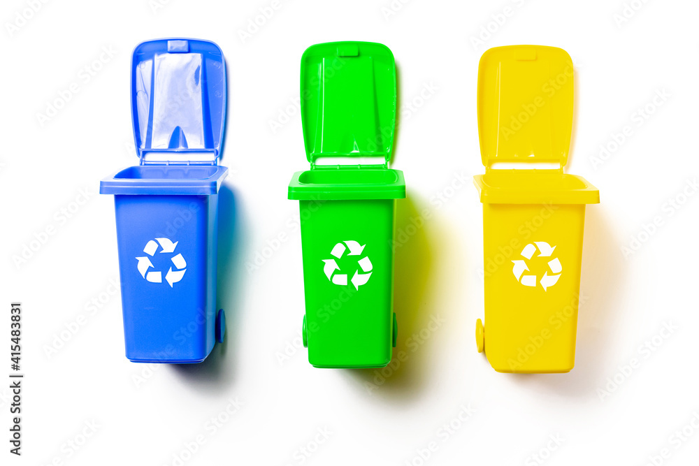 Bin icon. Container for disposal garbage waste and save environment. Yellow, green, blue dustbin for recycle plastic, paper and glass can trash isolated on white background. Bin icon. Container for disposal garbage waste and save environment. Yellow, green, blue dustbin for recycle plastic, paper and glass can trash isolated on white background.
