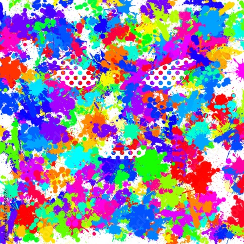 Painted splatter graphic background, with vivid colors.  With white polka-dotted face, eyes and mouth. 