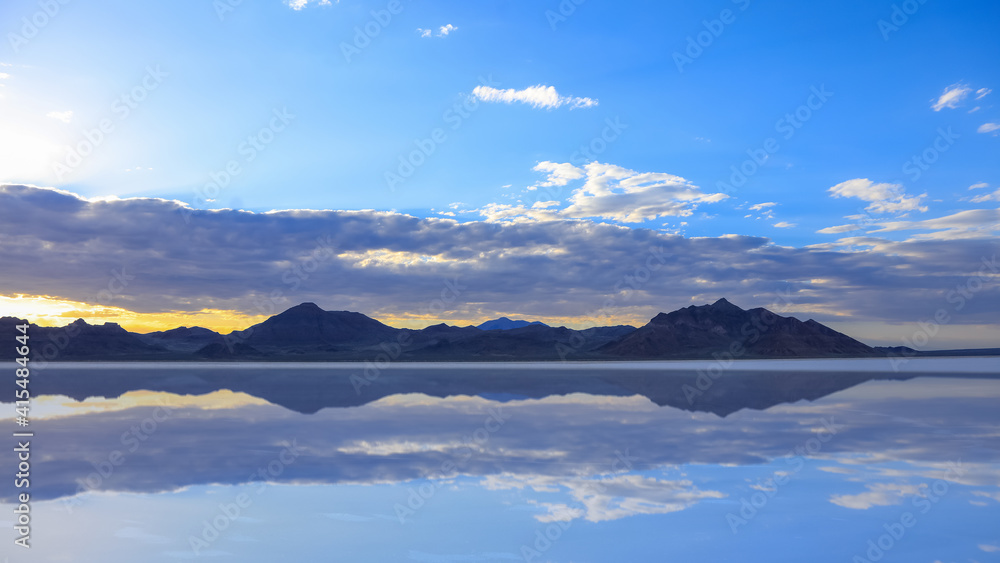Sunset at scenic Bonneville salt flats at Utah and Nevada border