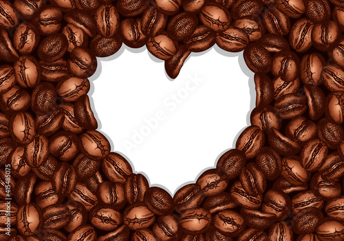 Sketch hand drawn background with brown roasted coffee beans in heart shape. Coffee grains poster, card, frame, wallpaper. Arabica, robusta, espresso, caffeine, seed, cafe, drink. Vector illustration.