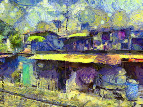 Slum community housing in the big city Illustrations creates an impressionist style of painting.
