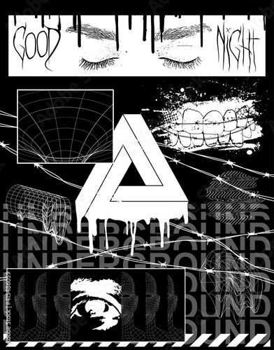 Brutalism collection images for prints on clothes, typography, merchandise, T-shirts, posters, covers and more. Urban street, crime and underground concept. Brutalism shapes set. Vector illustration