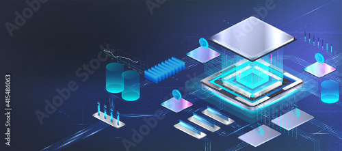 CPU microchip banner in isometric. Futuristic processor microchip with components installed on motherboard. Isometric illustration Сircuit board CPU. Hi-tech microchip and microprocessor AI. Vector