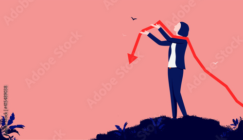 Investor woman with arrow pointing down - Female person standing outdoors holding a falling graph in hands. Financial loss and failing business concept. Vector illustration.