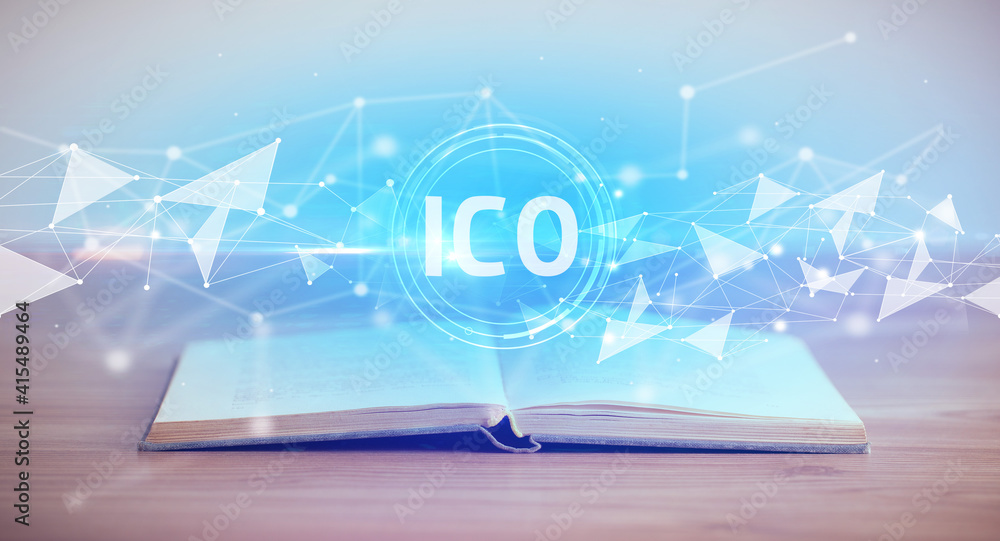Open book with ICO abbreviation, modern technology concept Open book with ICO abbreviation, modern technology concept