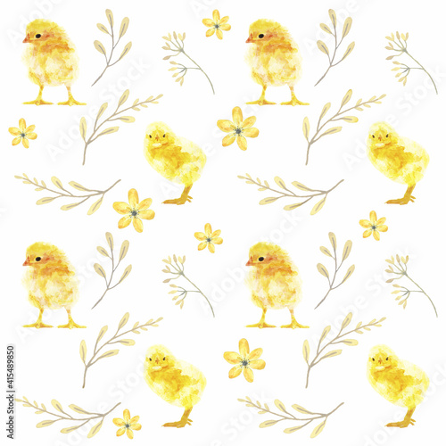 Easter seamless pattern with baby chicken and abstract flower doodles. Festive Easter background. For decor, print, wallpaper, tissue, scrapbooking, packaging paper