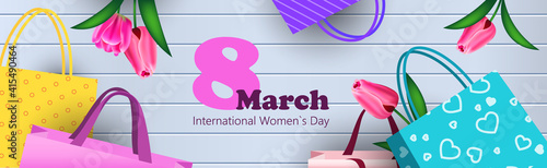 womens day 8 march holiday celebration sale banner flyer or greeting card with flowers and shopping bags horizontal vector illustration