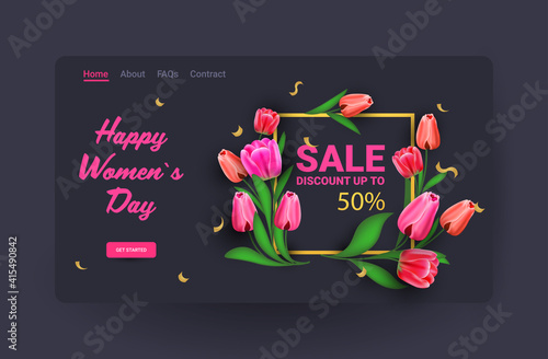 womens day 8 march holiday celebration banner flyer or greeting card with flowers horizontal vector illustration