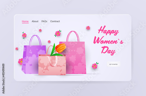 womens day 8 march holiday celebration sale banner flyer or greeting card with flowers and shopping bags horizontal vector illustration