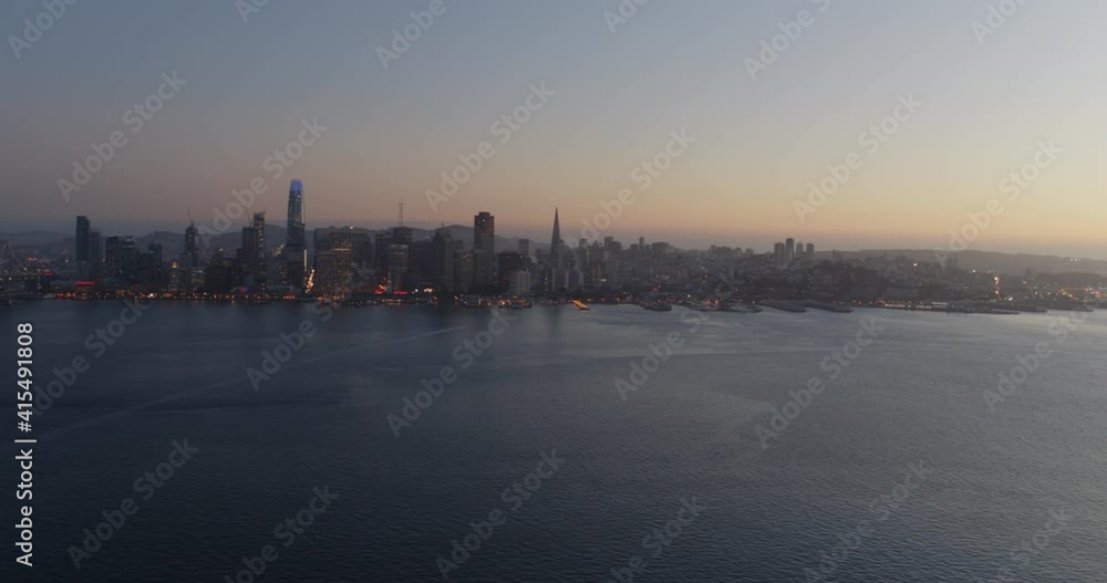 Aerial Panning Shot of the San Francisco Skyline at Dusk Aerial Panning Shot of the San Francisco Skyline at Dusk