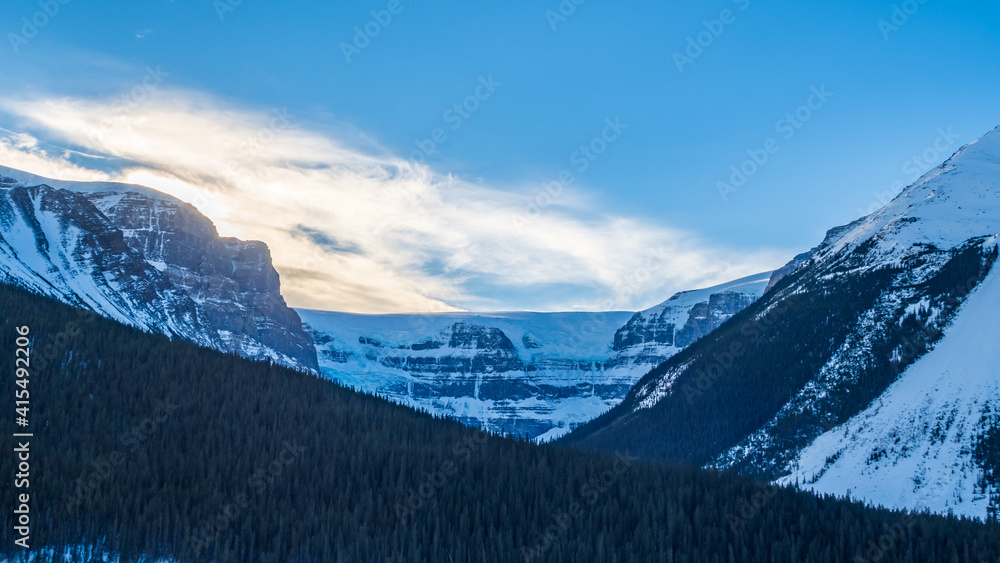Panoramic view of a glacier along  the Icefields parkway in Canada