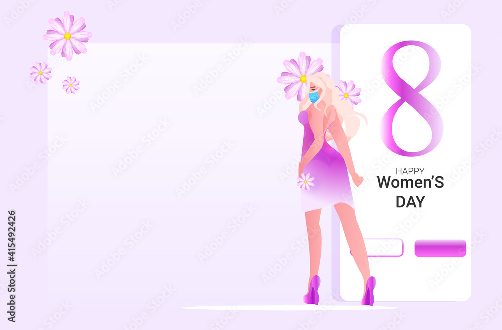 Obraz premium beautiful girl celebrating international womens day 8 march holiday celebration concept full length horizontal vector illustration