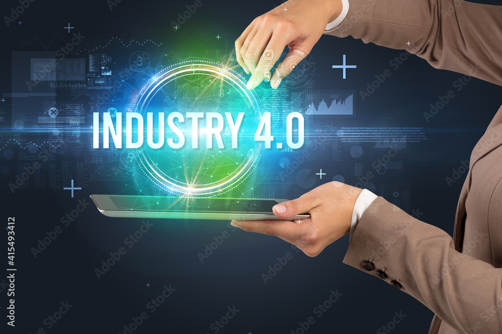 Close-up of a touchscreen with INDUSTRY 4.0 inscription, new technology concept Close-up of a touchscreen with INDUSTRY 4.0 inscription, new technology concept