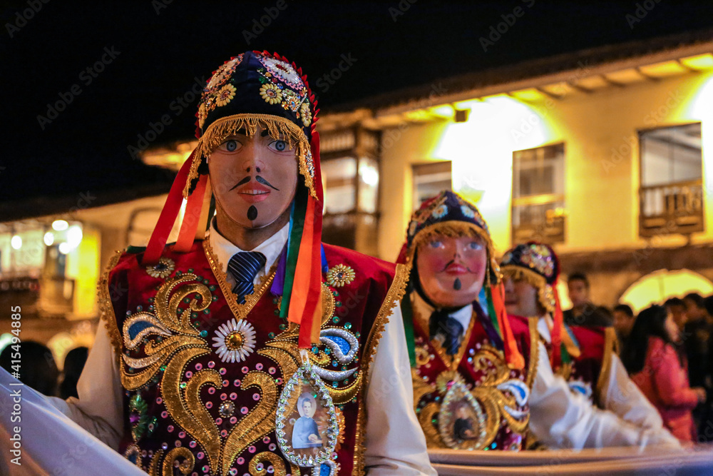 Cuzco, Peru; March 05, 2019. Traditional dances of the Peruvian Andes in the streets of Cuzco to celebrate the feast of Corpus Christi. Dancers with masks.