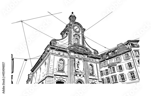 Building view with landmark of Lausanne is the
city in Switzerland. Hand drawn sketch illustration in vector.