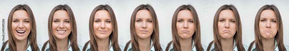 Woman emotions range from extremely happy to extremely sad. Happy and sad woman face. Young woman expressing different emotions. Mood disorders, bipolar disorder. Emotional contrast Woman emotions range from extremely happy to extremely sad. Happy and sad woman face. Young woman expressing different emotions. Mood disorders, bipolar disorder. Emotional contrast