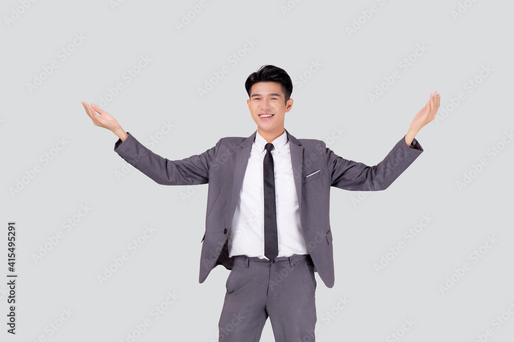 Portrait businessman in suit standing with win success isolated on white background, young asian business man is manager or executive having confident and excited is positive, expression and emotion. Portrait businessman in suit standing with win success isolated on white background, young asian business man is manager or executive having confident and excited is positive, expression and emotion.