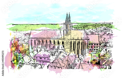 Building view with landmark of Rothenburg ob der Tauber is a German town in northern Bavaria. Watercolour splash with hand drawn sketch illustration in vector.