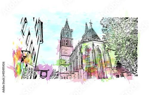 Building view with landmark of Rothenburg ob der Tauber is a German town in northern Bavaria. Watercolour splash with hand drawn sketch illustration in vector.