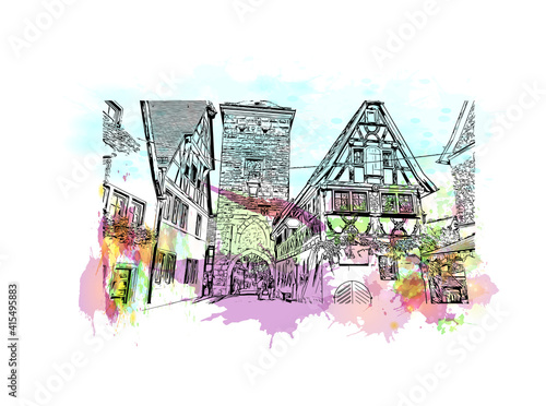 Building view with landmark of Rothenburg ob der Tauber is a German town in northern Bavaria. Watercolour splash with hand drawn sketch illustration in vector.