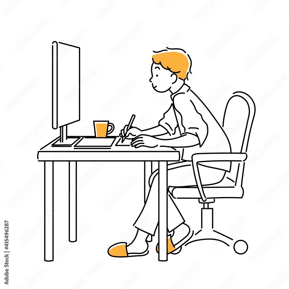 オンラインで学習または仕事をする男性のシンプルなイラスト オンラインで学習または仕事をする男性のシンプルなイラスト