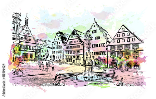Building view with landmark of Rothenburg ob der Tauber is a German town in northern Bavaria. Watercolour splash with hand drawn sketch illustration in vector.