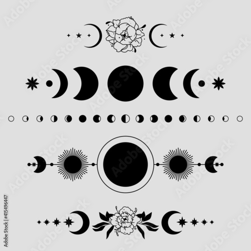 peony moon phase set, celestial moon, moon set, crescent moon, floral moon phase