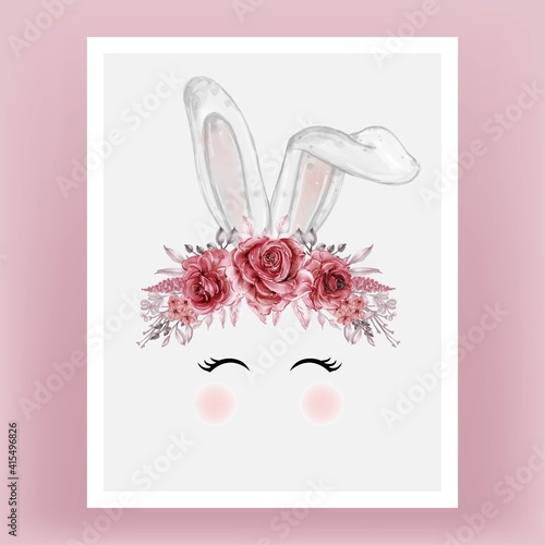 bunny head watercolor flower red maroon Hand drawn illustration