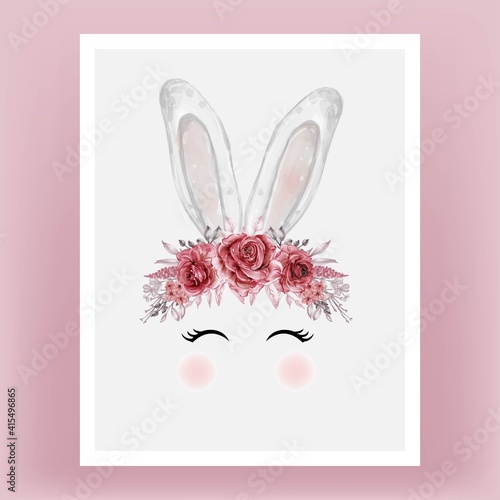 bunny head watercolor flower red maroon Hand drawn illustration