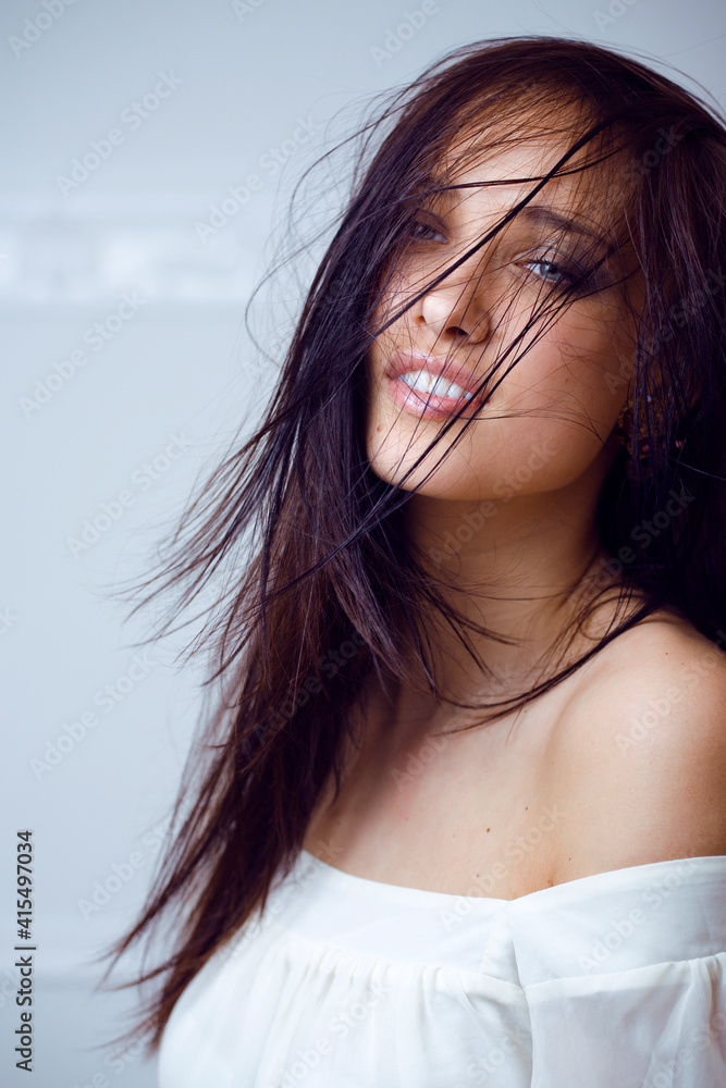 young pretty brunette woman smiling happy on white background smooth blurred, lifestyle people concept young pretty brunette woman smiling happy on white background smooth blurred, lifestyle people concept