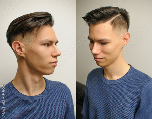Young man with modern short haircut in a beauty salon, two photos from different angles