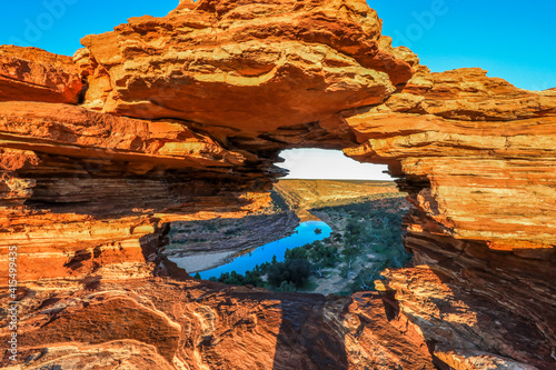 Scenic view through Natures Window natural rock formation to river flowing through gorge