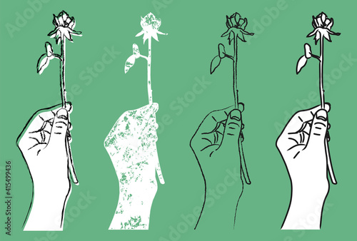 緑色の背景に描かれた一輪の薔薇を掴んでいる手のイラスト【4つのバリエーション】
