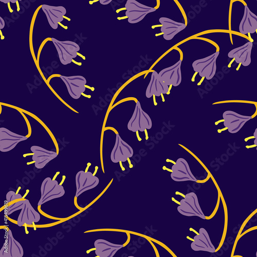 Nature wild field seamless pattern with doodle random bell flowers print. Purple colors artwork.