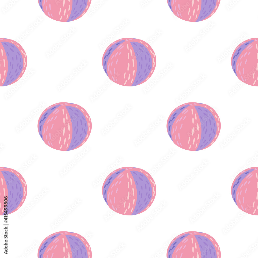 Isolated funny seamless kids style pattern with pink and purple colored ball shapes. White background.