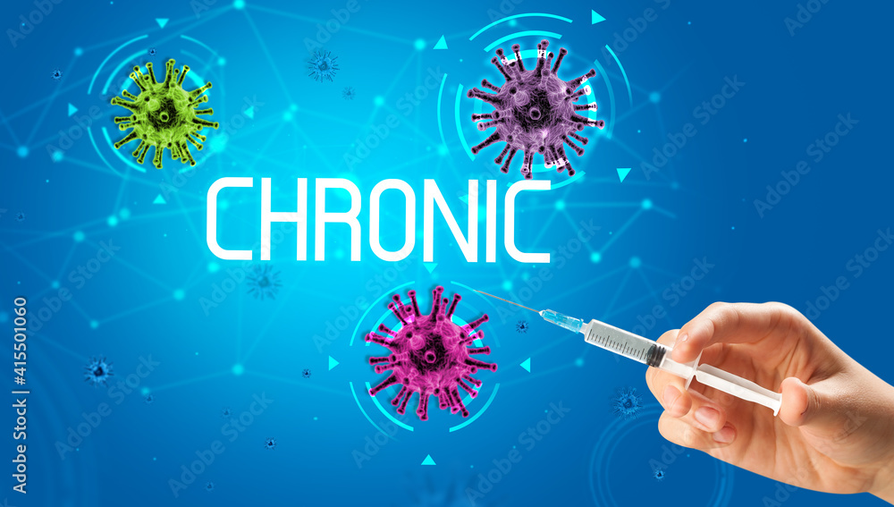 Syringe, medical injection in hand with CHRONIC inscription, coronavirus vaccine concept