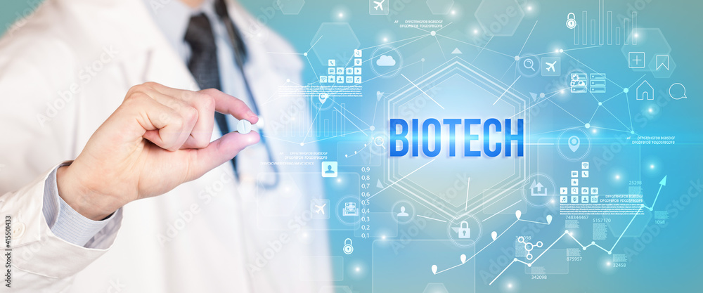 Doctor giving a pill with BIOTECH inscription, new technology solution concept Doctor giving a pill with BIOTECH inscription, new technology solution concept