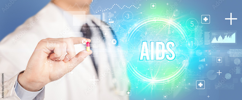 Close-up of a doctor giving you a pill with AIDS abbreviation, virology concept Close-up of a doctor giving you a pill with AIDS abbreviation, virology concept