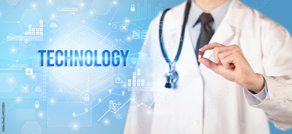 Doctor giving a pill with TECHNOLOGY inscription, new technology solution concept Doctor giving a pill with TECHNOLOGY inscription, new technology solution concept