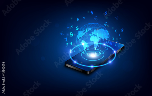 International currency transfer, payment via a smartphone using a smartphone Vector illustration of money concept