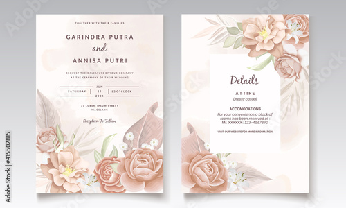  Beautiful peach floral frame wedding invitation card template Premium Vector