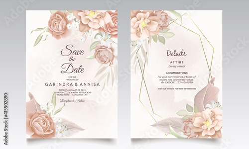  Beautiful peach floral frame wedding invitation card template Premium Vector