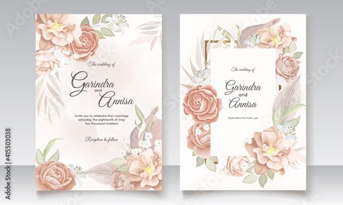  Beautiful peach floral frame wedding invitation card template Premium Vector